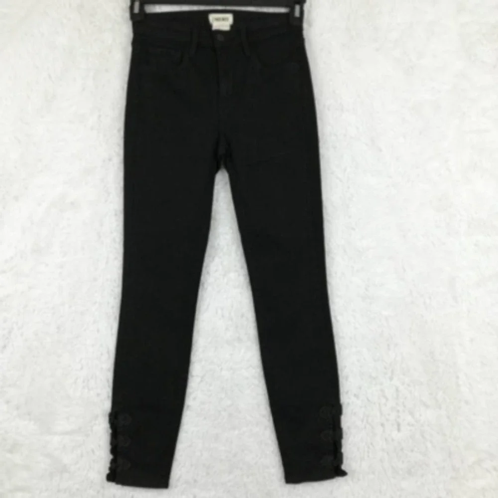 Lagence Womens Jeans Straight Leg Black‎ Stretch Embroidered Ankle Mid Rise 25